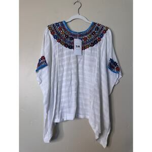 NWT Guatemalan White Floral Embroidery Huipil Blouse Cover Up O/S